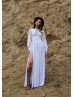 Beaded White Lace Chiffon Slit Simple Flowy Wedding Dress